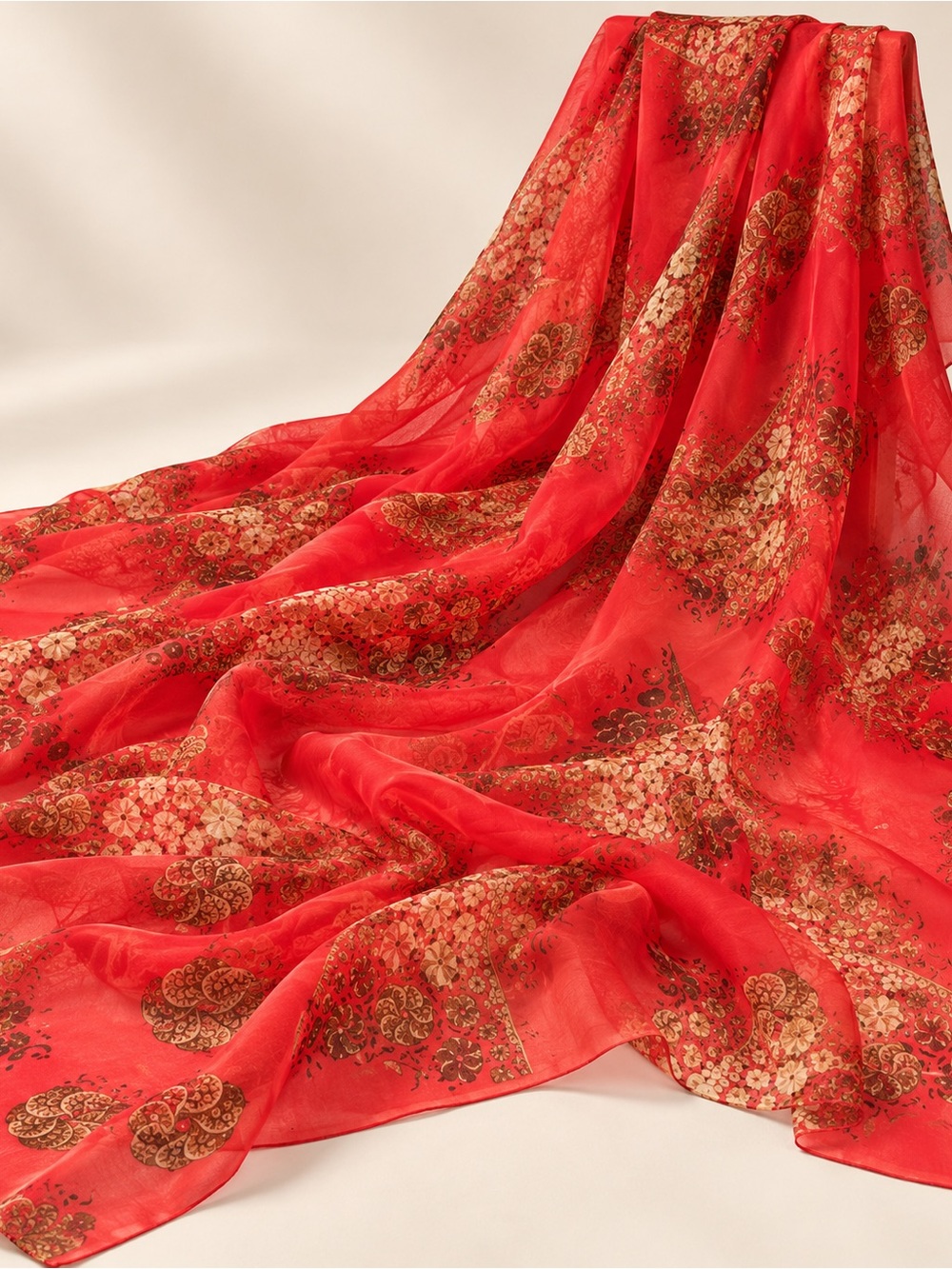Red Floral 100% pure silk fabric